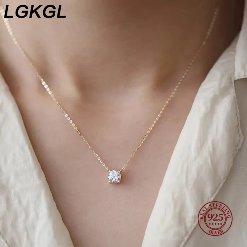 LGKGL 925 Sterling Silver 18k Gold Plated Necklaces Versatile Single Sparkling 6mm Zircon Clavicle Chain Female Wedding collars